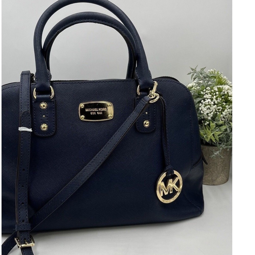 Michael Kors Cindy Large Blue Crossgrain Leather Satchel Top Handle Shoulder Bag